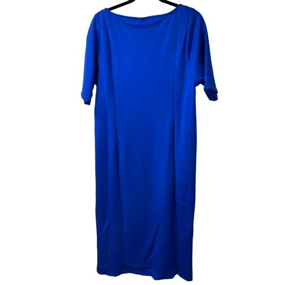 TORRID Midi Studio Cupro Bodycon Buttery Soft Short Sleeve Front Slit Blue Dress - Picture 4 of 8